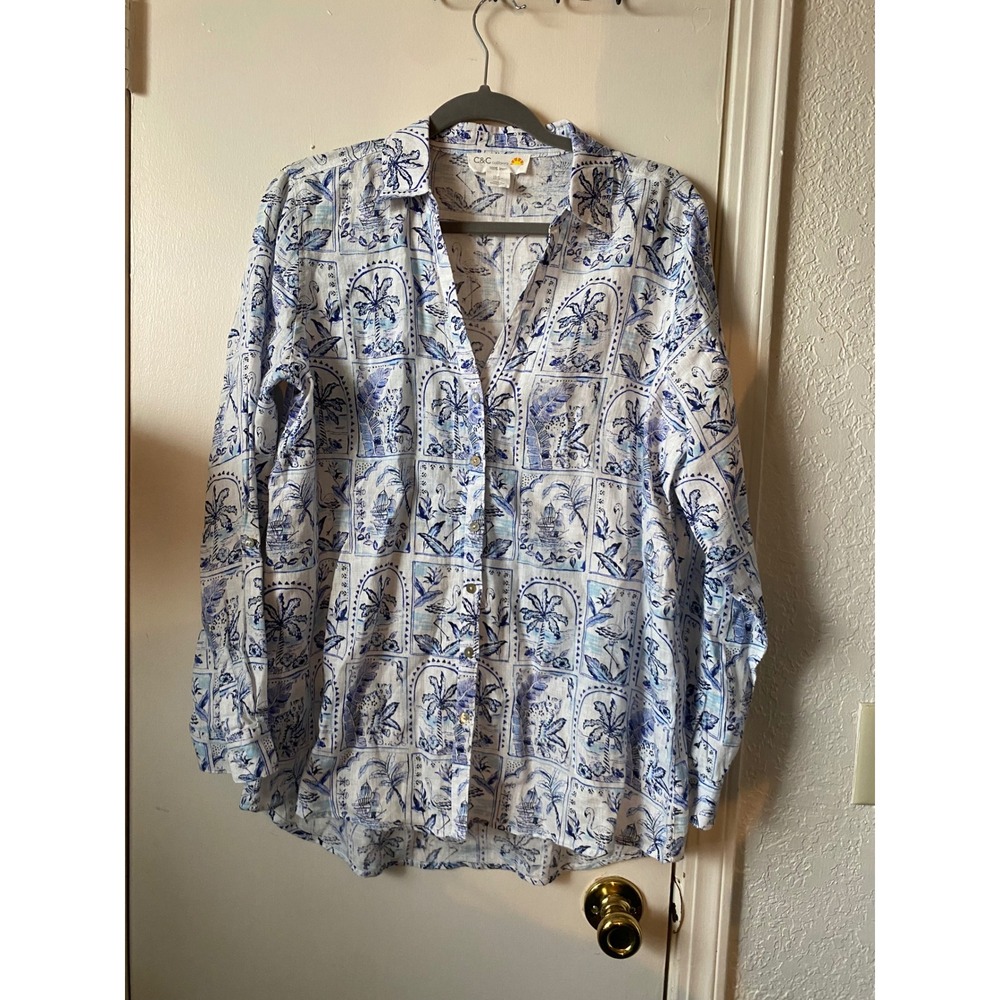 C&C California Linen Button Up Shirt Palm‎ Tree Flamingo Print Blue White